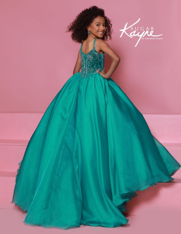 Back view of girls teal full skirt ballgown with sparkling bodice, designed for stage performance and pageants.